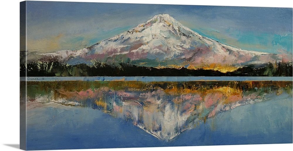 A contemporary painting of Mount Hood reflecting in the lake below it.