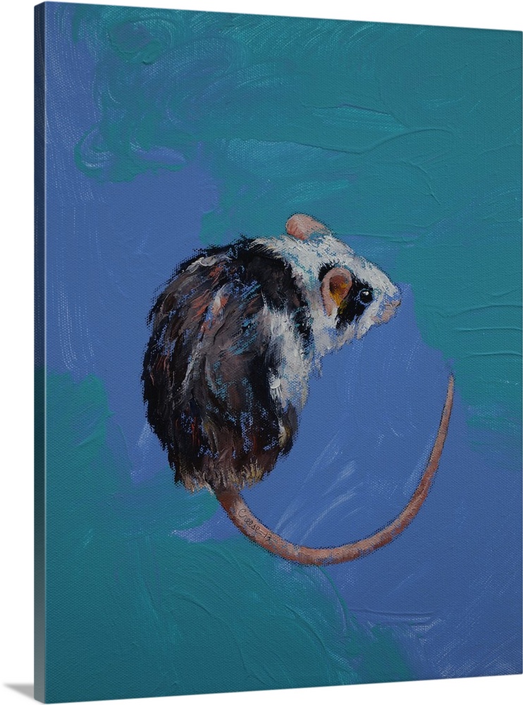 A contemporary painting of a black and white mouse.
