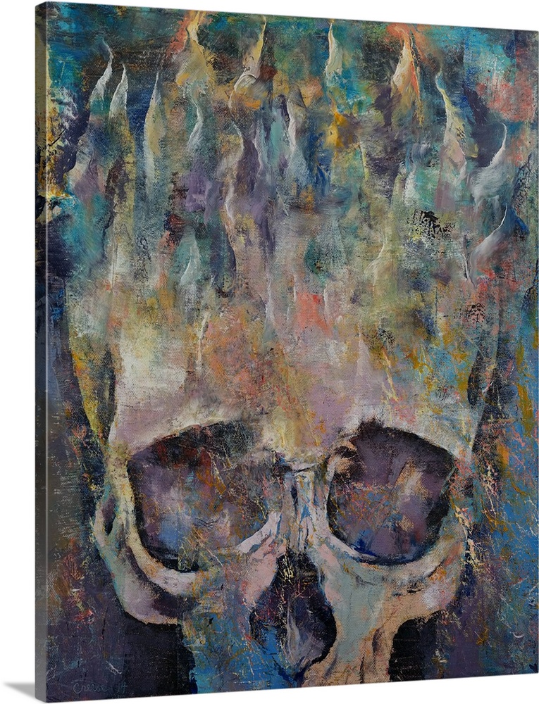 A contemporary painting of a human skull with flames rising from the top.