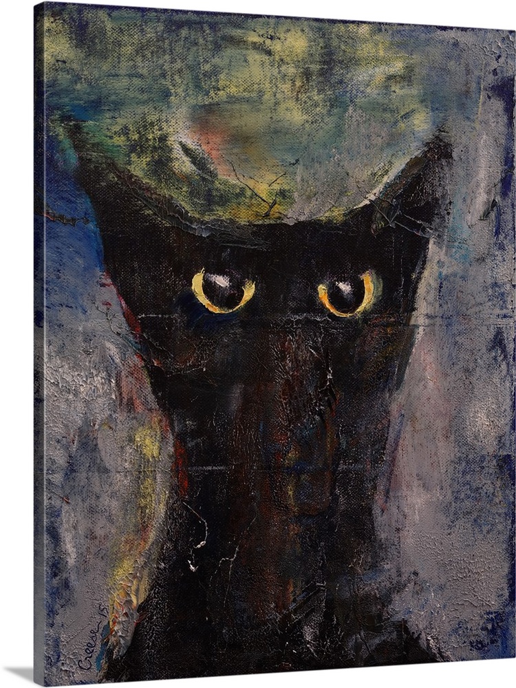 A contemporary painting of a black cat portrait.