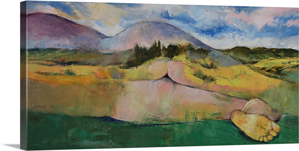A contemporary painting of a countryside landscape masking a nude female body.
