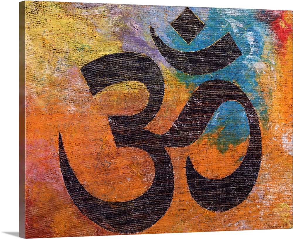A contemporary painting of an Om against a colorful background.
