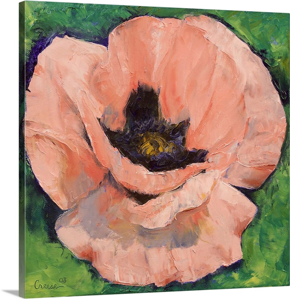 Big, square painting of a fully bloomed poppy flower on a background of greenery.  Painted with thick, textured brushstrokes.