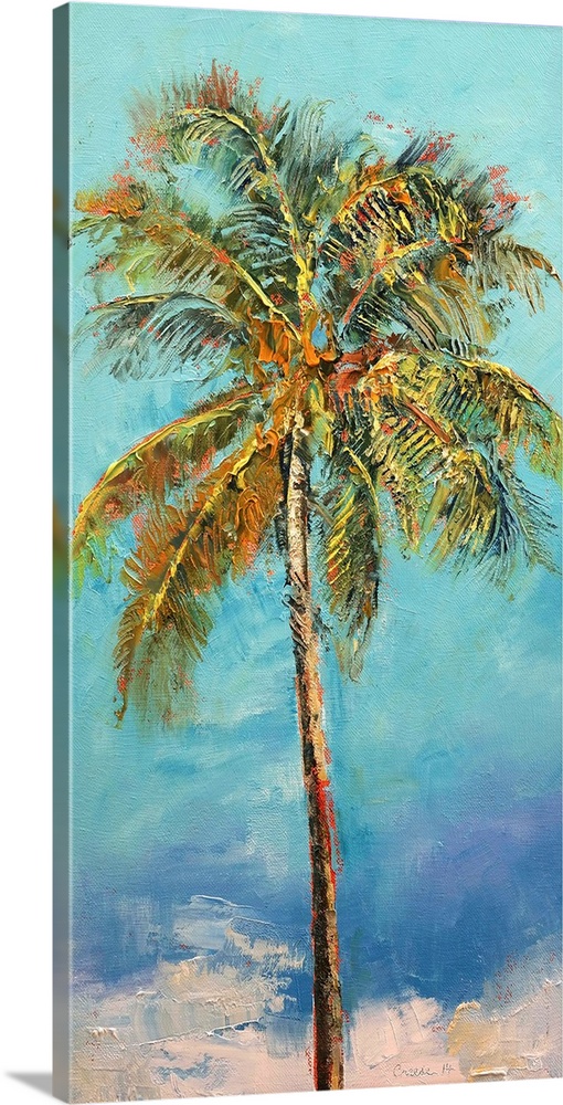 A contemporary painting of a palm tree against a blue background.
