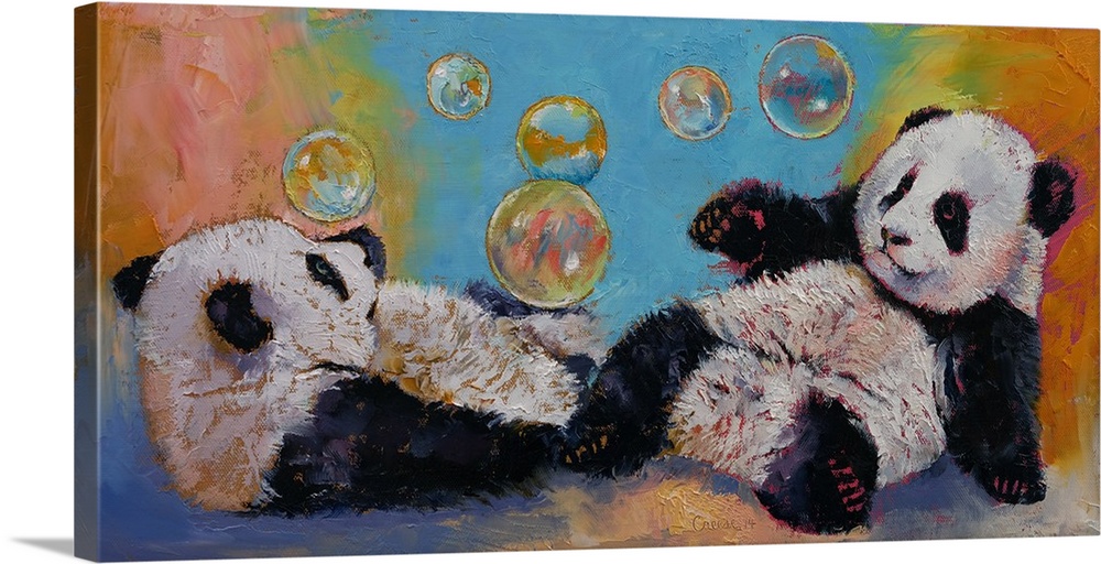 A contemporary painting of two panda bears playing with bubbles.