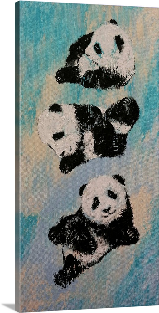 A contemporary painting of three panda bears in karate poses.