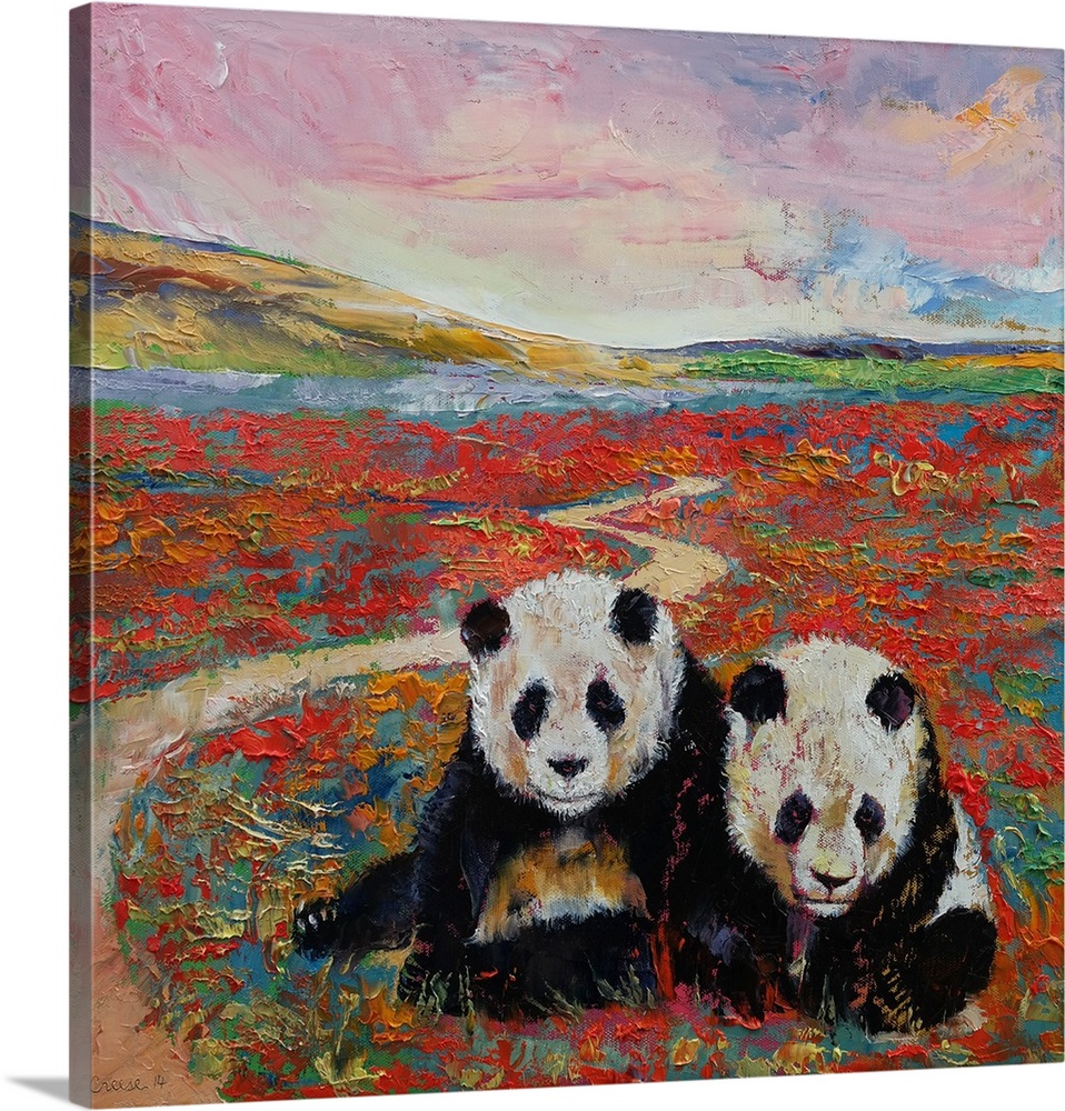 A contemporary painting of two panda bears in a magical land.