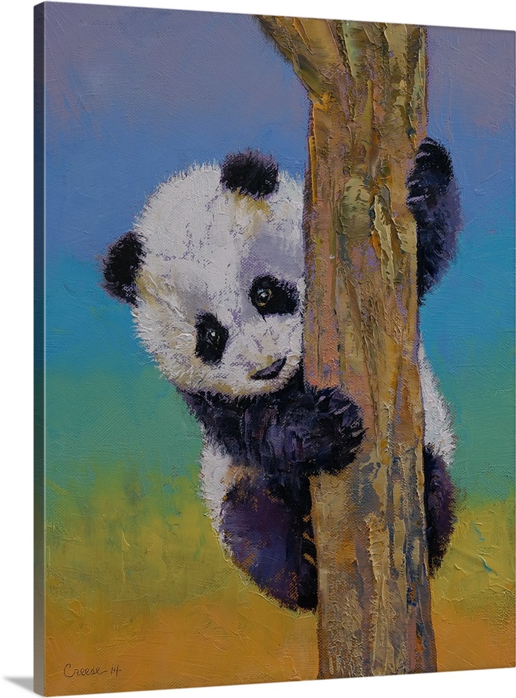 A contemporary painting of a panda bear climbing a tree.