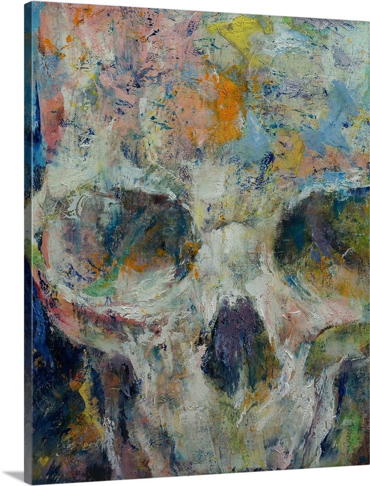 A contemporary painting of a close-up on a multi-colored human skull.