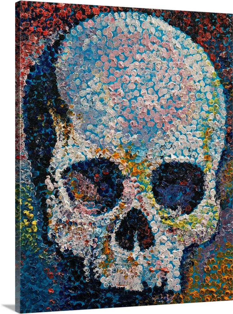 A contemporary painting of human skull made from hundreds of tiny dots.