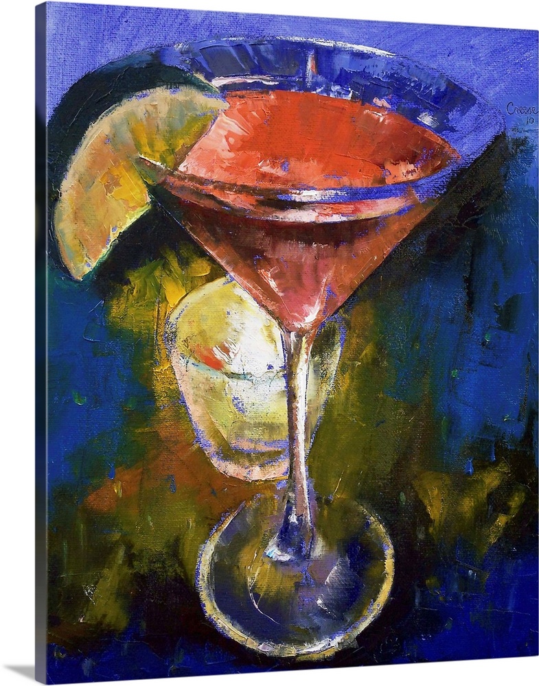 This painting is of a martini glass that is filled with a pink liquid and a lime wedge on the side. A small candle sits ju...