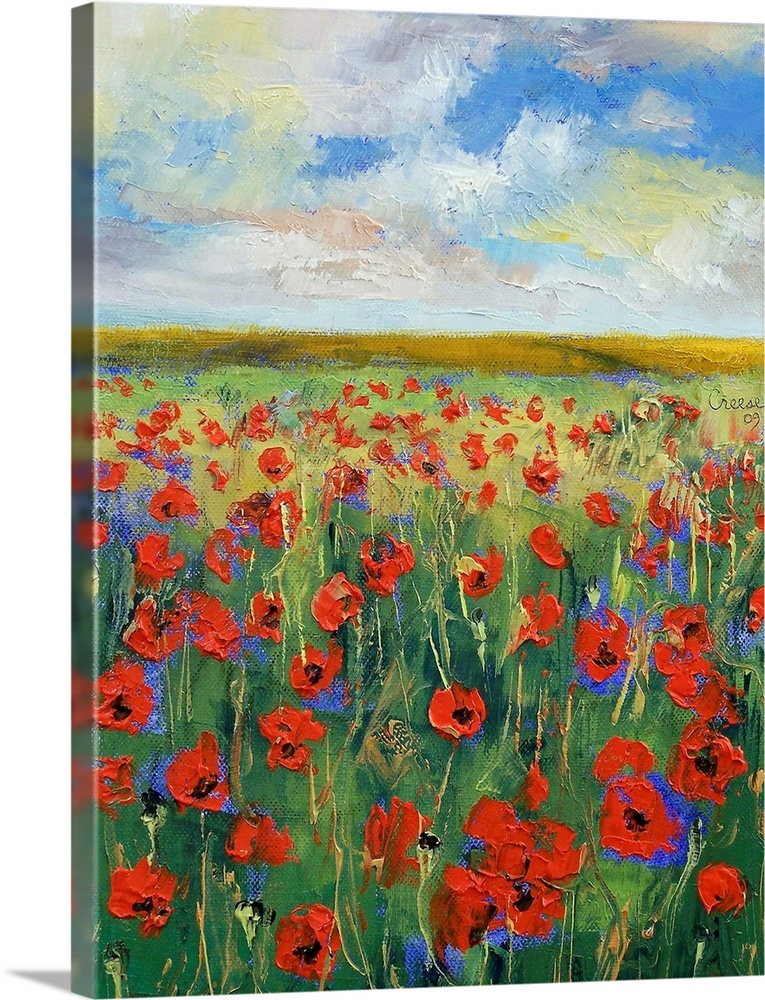 Giant vertical painting of a field of poppies below a blue, cloudy sky.  Painted with the textured brushstrokes of oil paint.