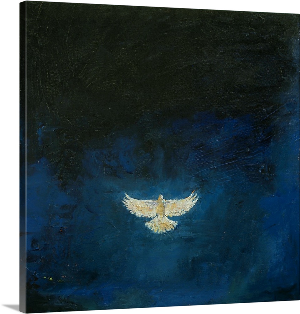 A contemporary painting of a white dove against a starry night sky.