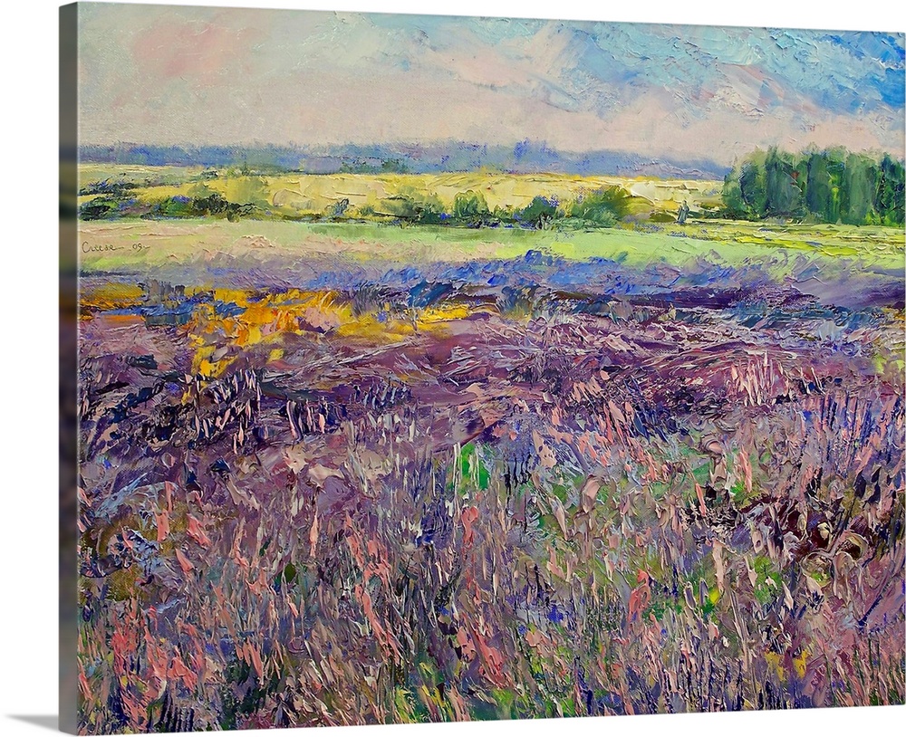 A field of flowers and farm land in France painted with contemporary impressionist flair.