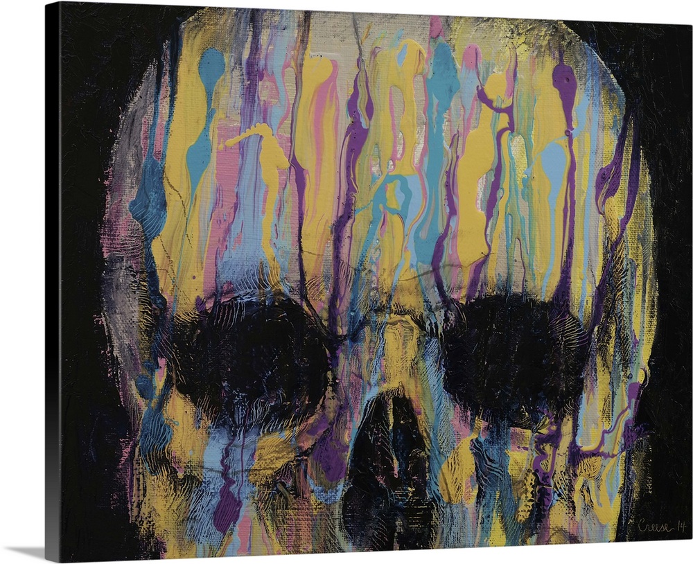 A contemporary painting of human skull with multi-colored paint dripping from the top of its head.
