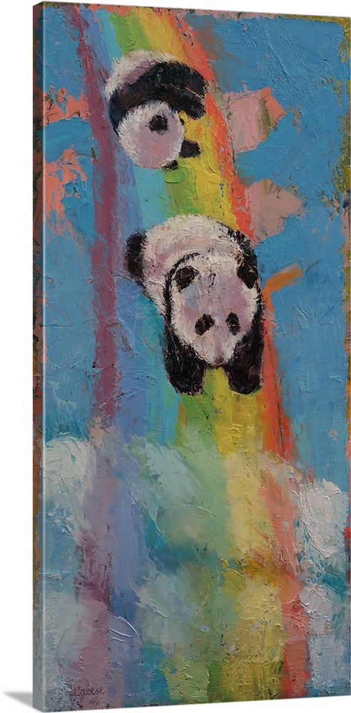 A contemporary painting of two panda bears tumbling down a rainbow.