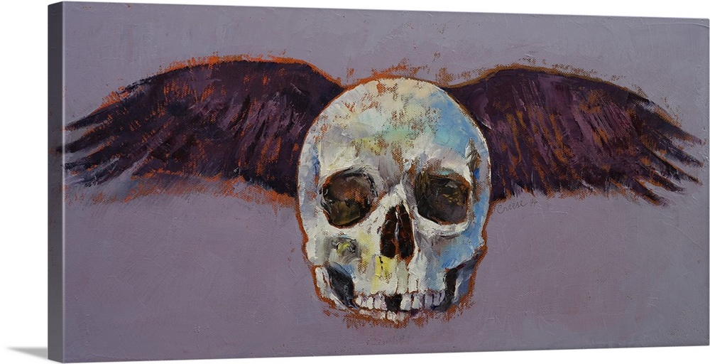 A contemporary painting of human skull with black wings spread out behind it.