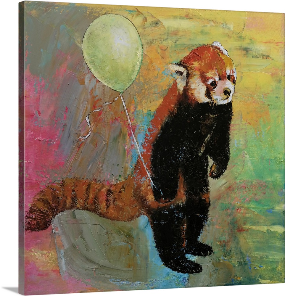 A contemporary painting of a red panda standing up holding a green balloon.