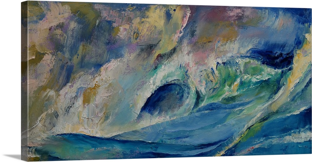 A contemporary painting of a green wave in the ocean curling over.