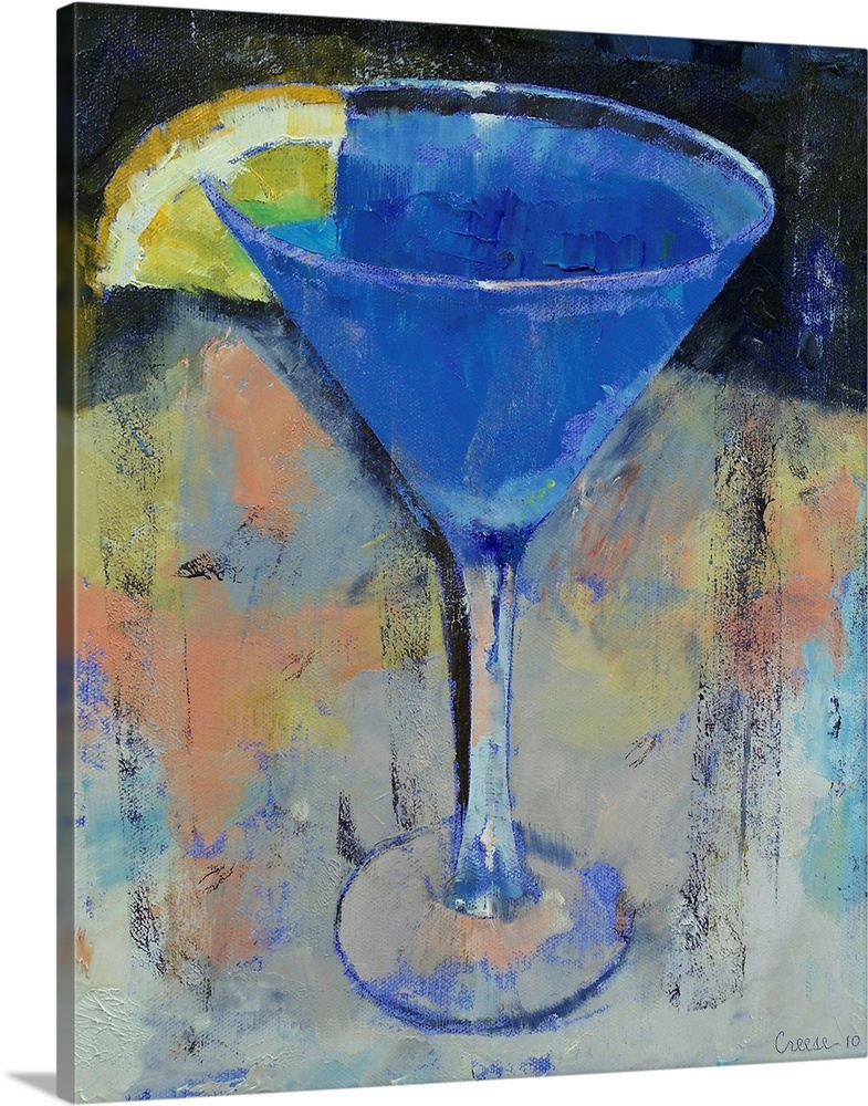Decorative artwork for the home of a martini glass filled with a blue drink and a lemon wedge on the side.