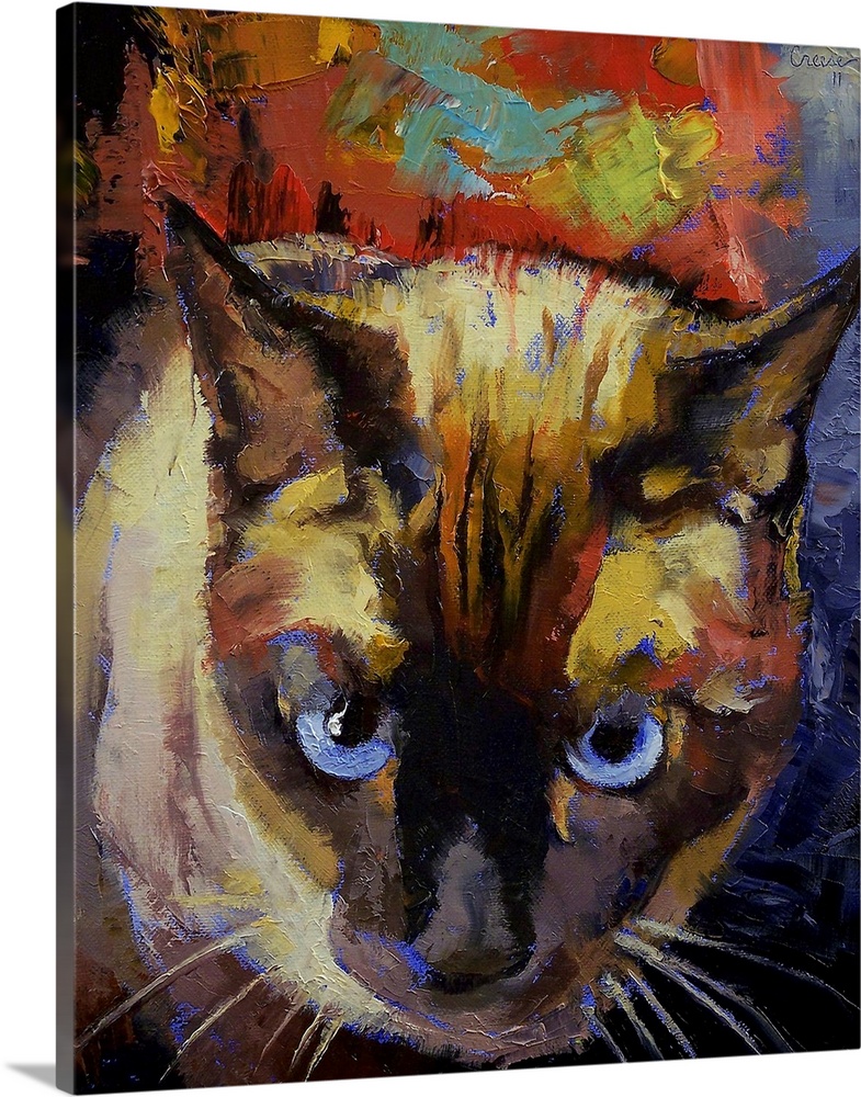 Vertical, oversized painting looking down at the face of a Seal Point Siamese cat, on a background of various colors in he...