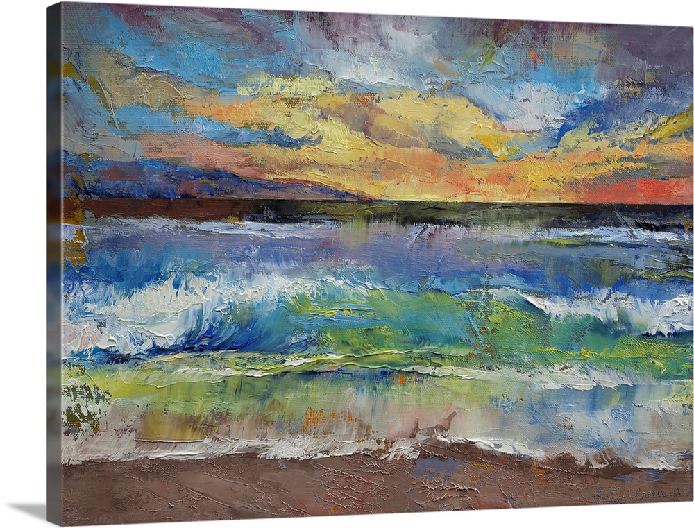 A beautiful painting that uses all different colors to create a sunset over the ocean with waves crashing onto the beach.