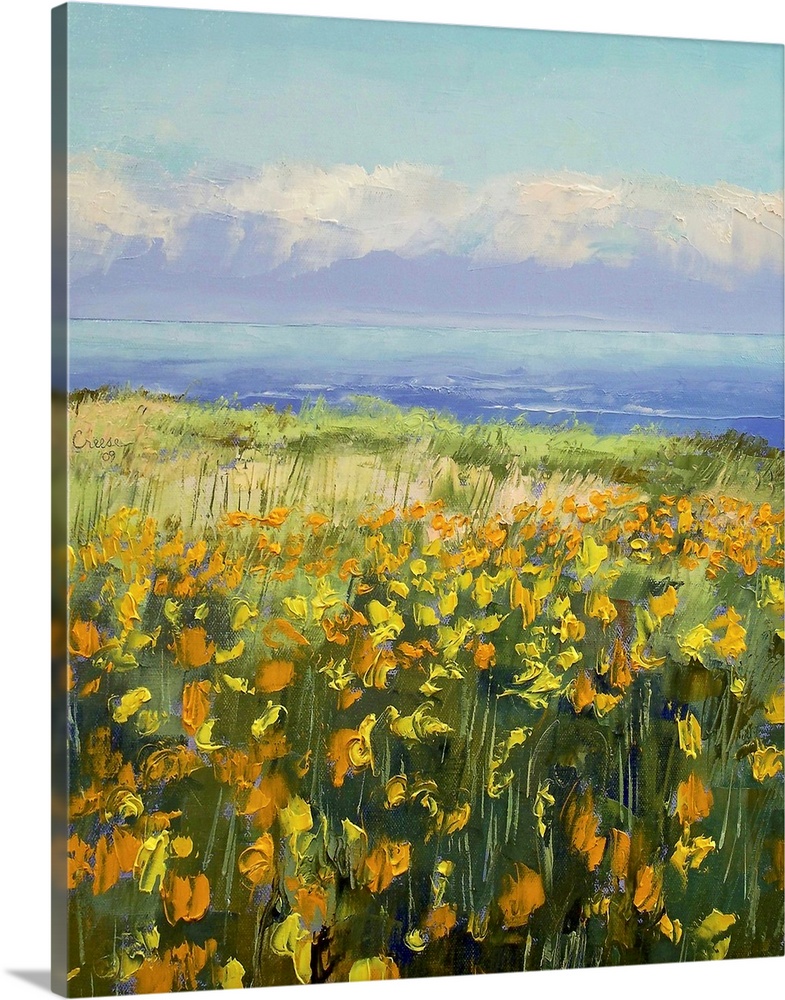 Canvas painting of a large field of poppies stretching to the sea. Vibrant coloring of the poppies is contrasted by the co...