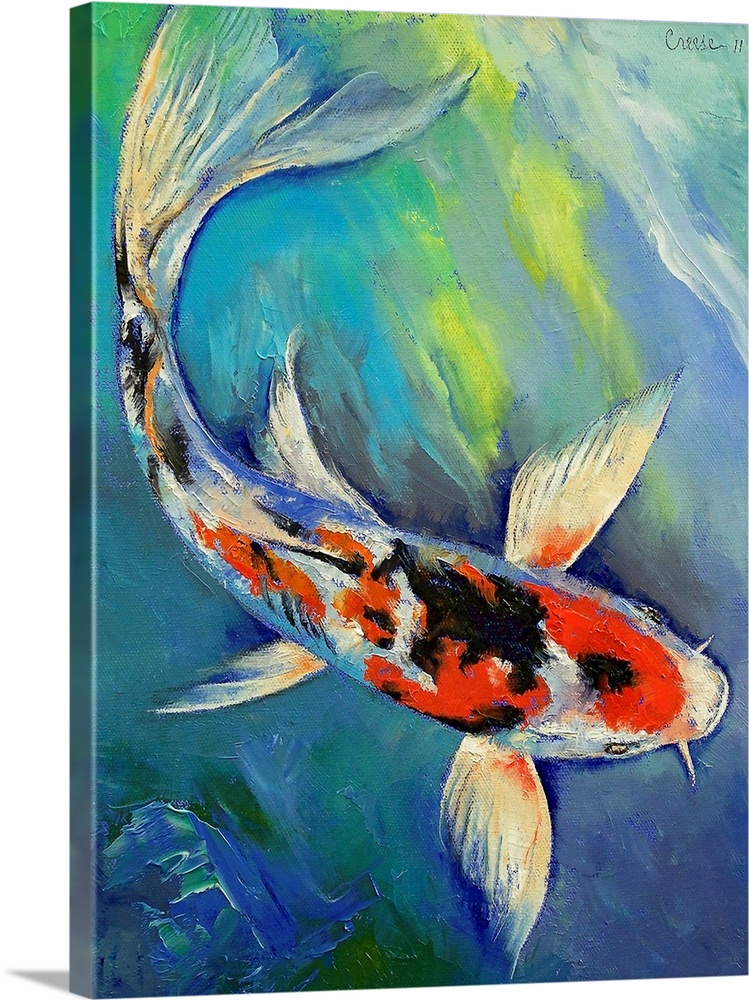 Large painting of a koi fish swimming in the water.