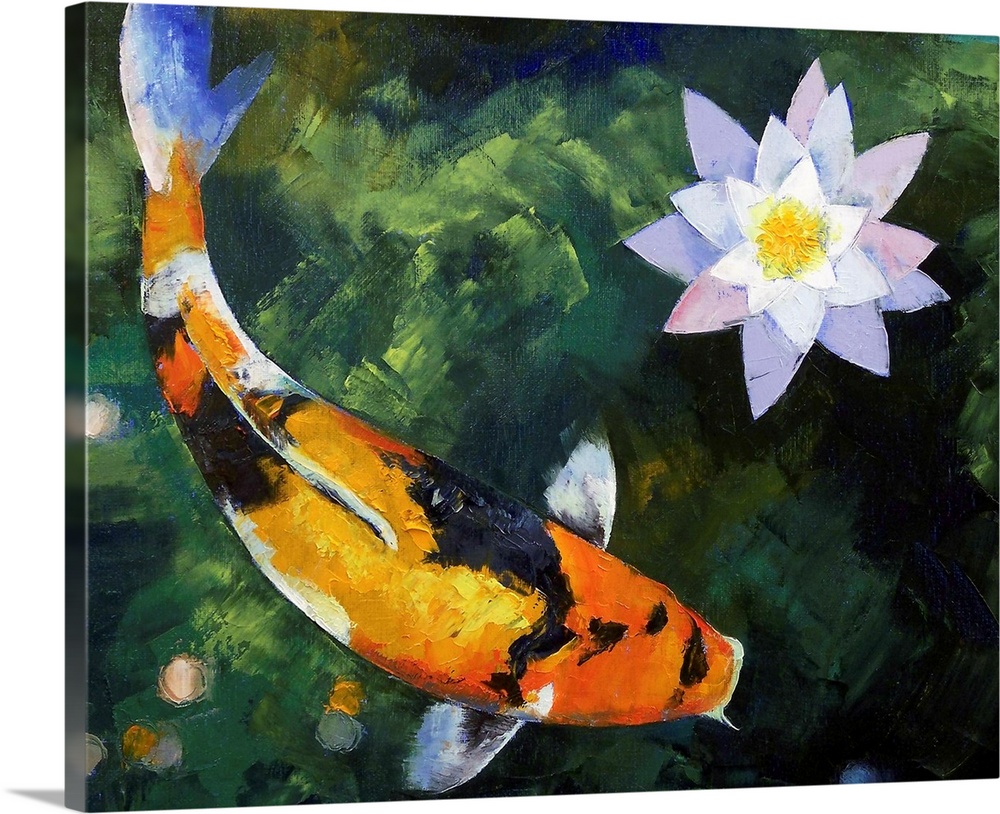 Horizontal oil painting on a large wall hanging of a showa koi fish, swimming through murky waters around a lotus flower.