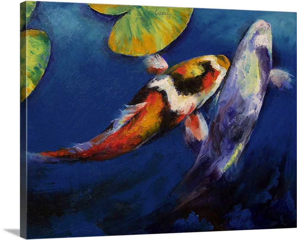 This painting depicts two koi fish. It is rendered with an impasto technique for beatuful, stained glass color effects, by...