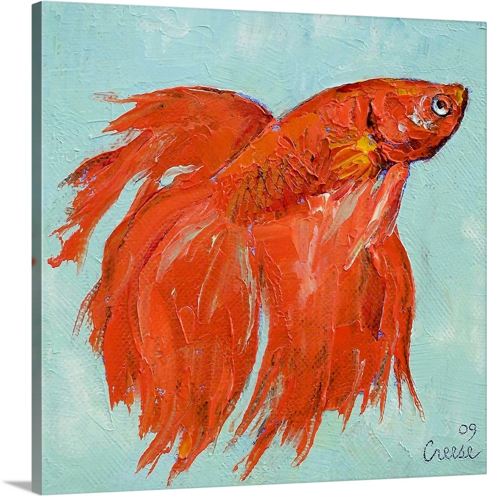Giant, square painting on a large wall hanging of a vivid Siamese fighting fish with flowing fins, on a light blue water b...