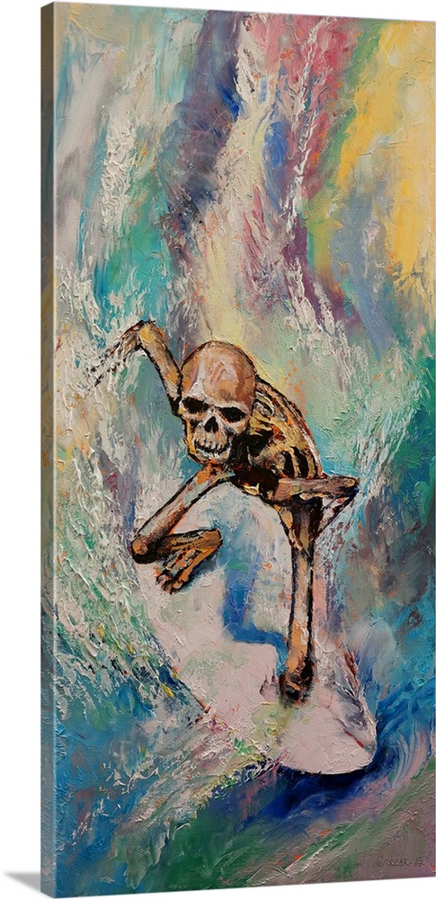 A human skeleton riding a surfboard down a multi-colored wave.