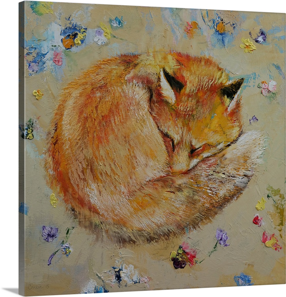 A sleeping a red fox curled up in its tail against a background of flowers.