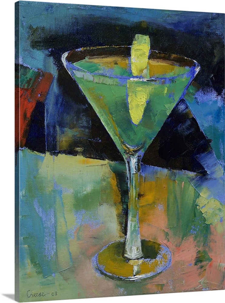 Big vertical contemporary painting of a sour apple martini, in a clear martini glass with a single slice of apple in it.  ...