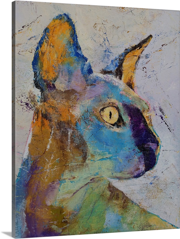 Contemporary painting of a multi-colored sphinx cat with golden eyes.