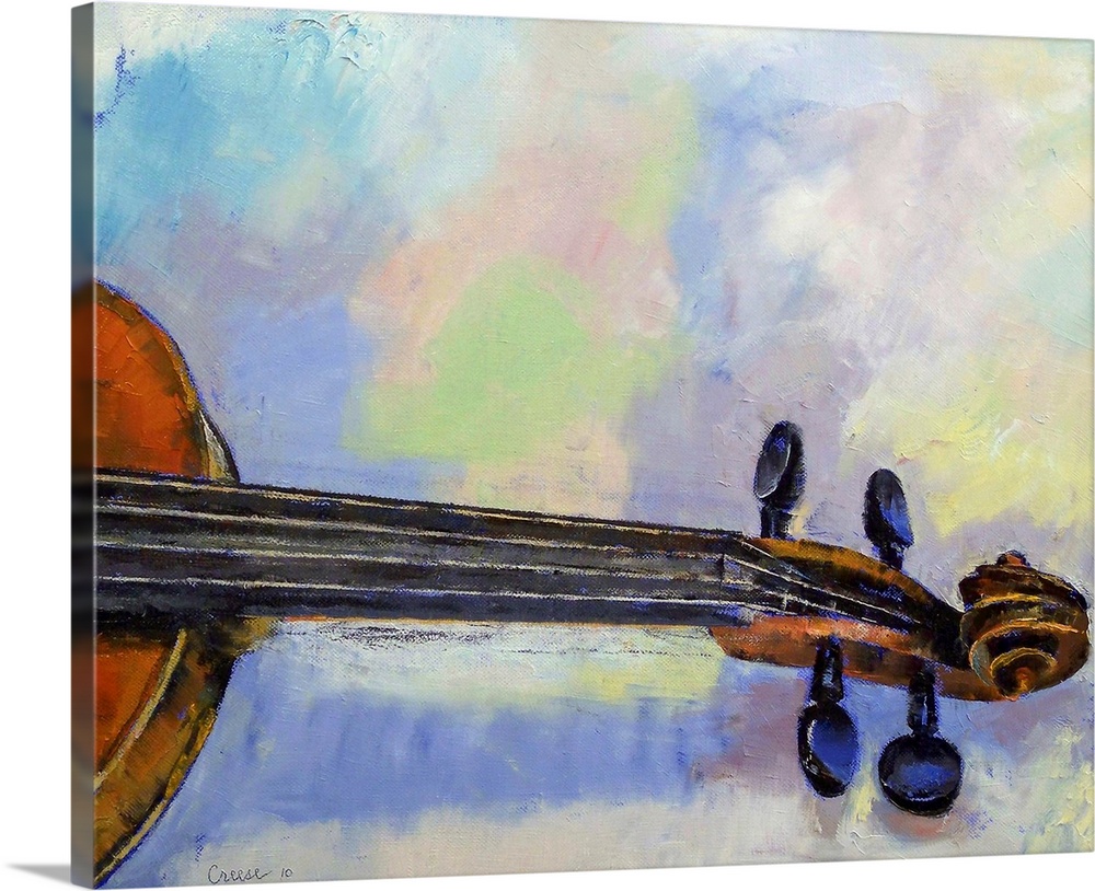 Contemporary painting of the head and neck of a violin, with a soft pastel colored background.