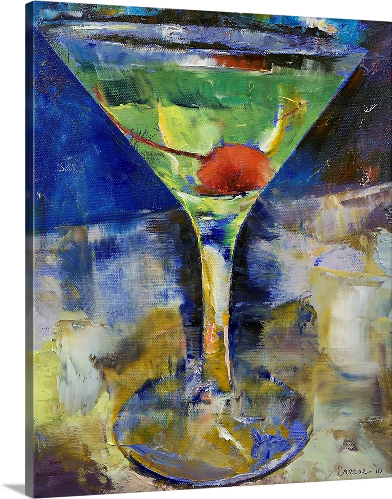 Artwork perfect for the home of a large martini glass filled with a green drink and a cherry sitting at the bottom of the ...
