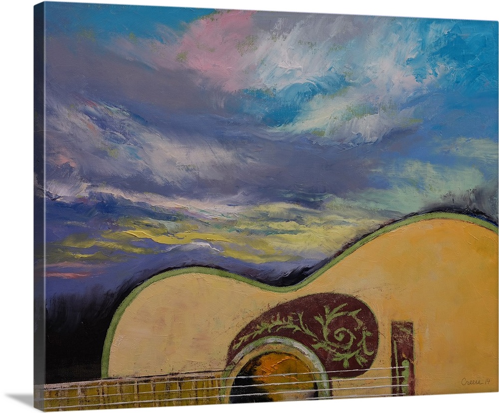 Contemporary painting of an acoustic guitar close-up.