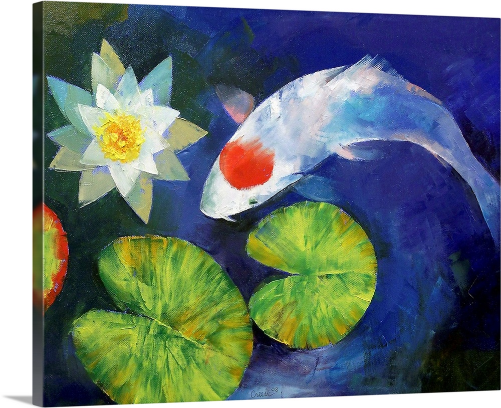 Horizontal, large wall painting on a single tancho koi fish swimming in deep blue water, approaching two lily pads and a f...
