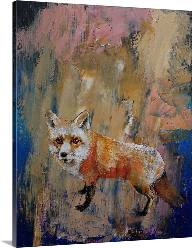 Contemporary painting of a red fox against a colorful abstract background.