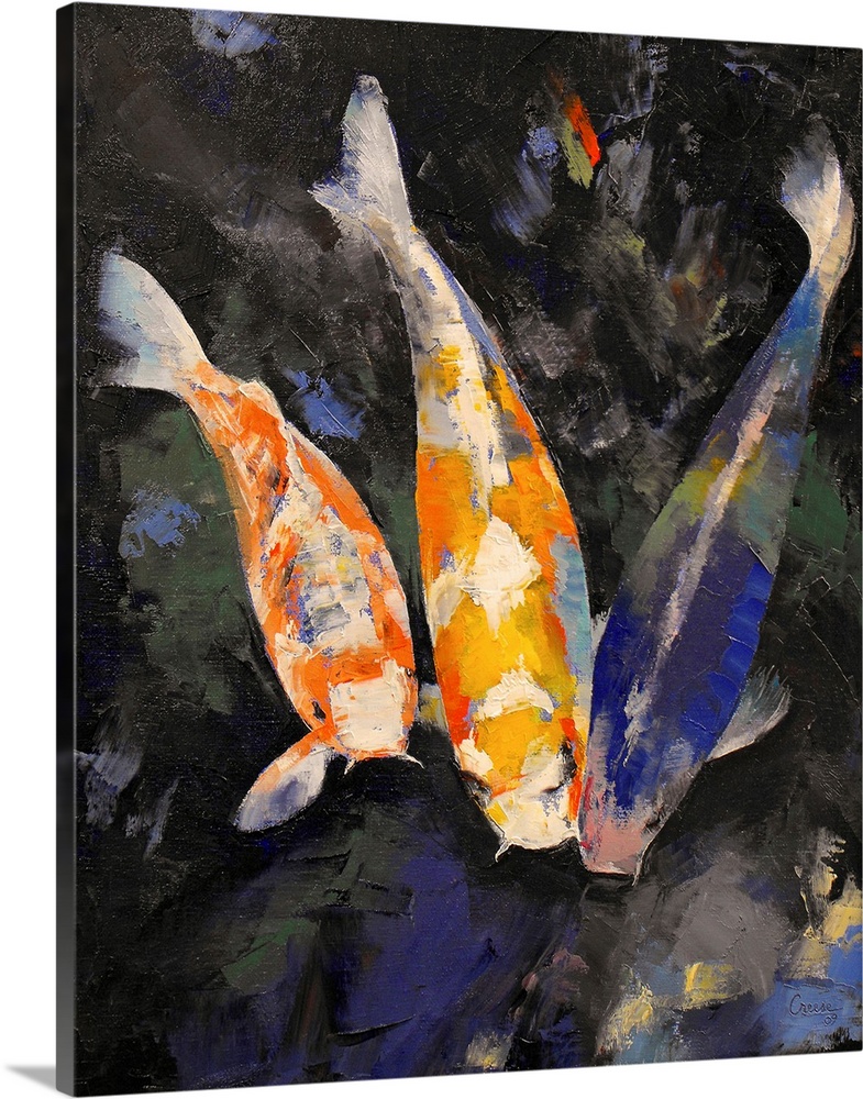 This is a vertical painting of decorative fish swimming a pond created with thick impressionistic brush strokes.