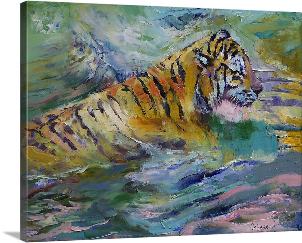 This is a large painting of a tiger surrounded by numerous colors and textures of paint.