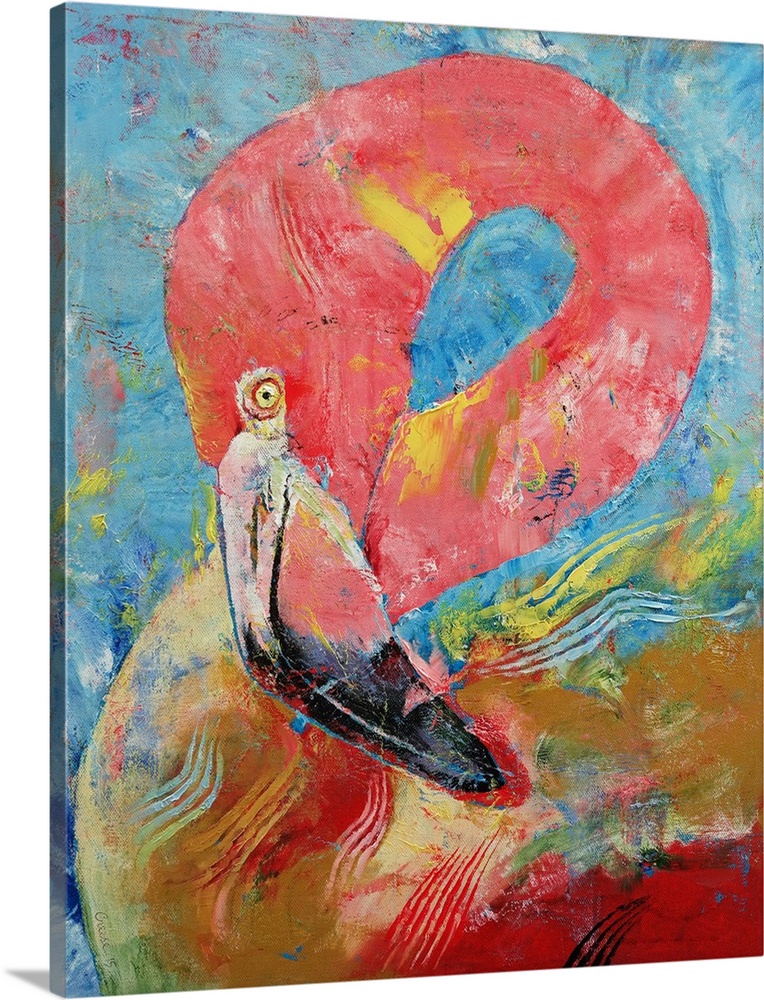 Contemporary colorful painting of a bright pink flamingo.