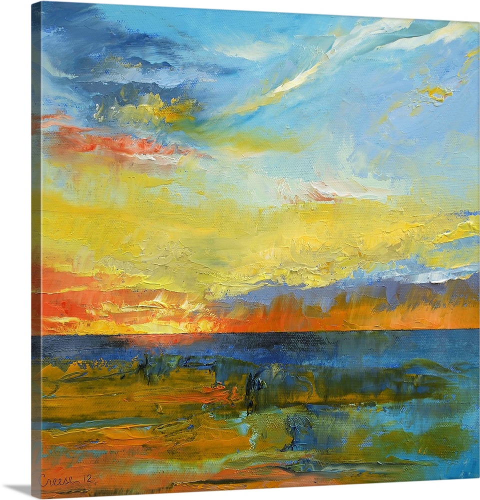Contemporary artwork of a sunset with the warmer tone paint used in the water to show reflection.