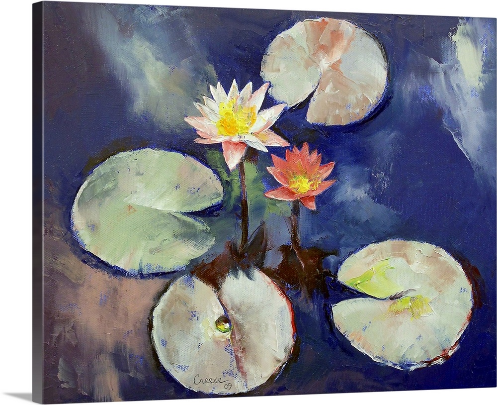 Horizontal painting on a large wall hanging of two water lilies surrounded by four lily pads, floating in calm blue waters.