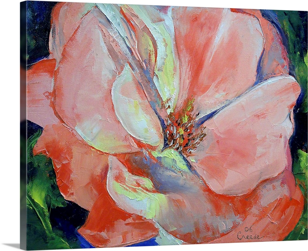 Horizontal, floral painting on a large wall hanging of one giant rose, it's leaves on the outer edges.  Painted with heavy...