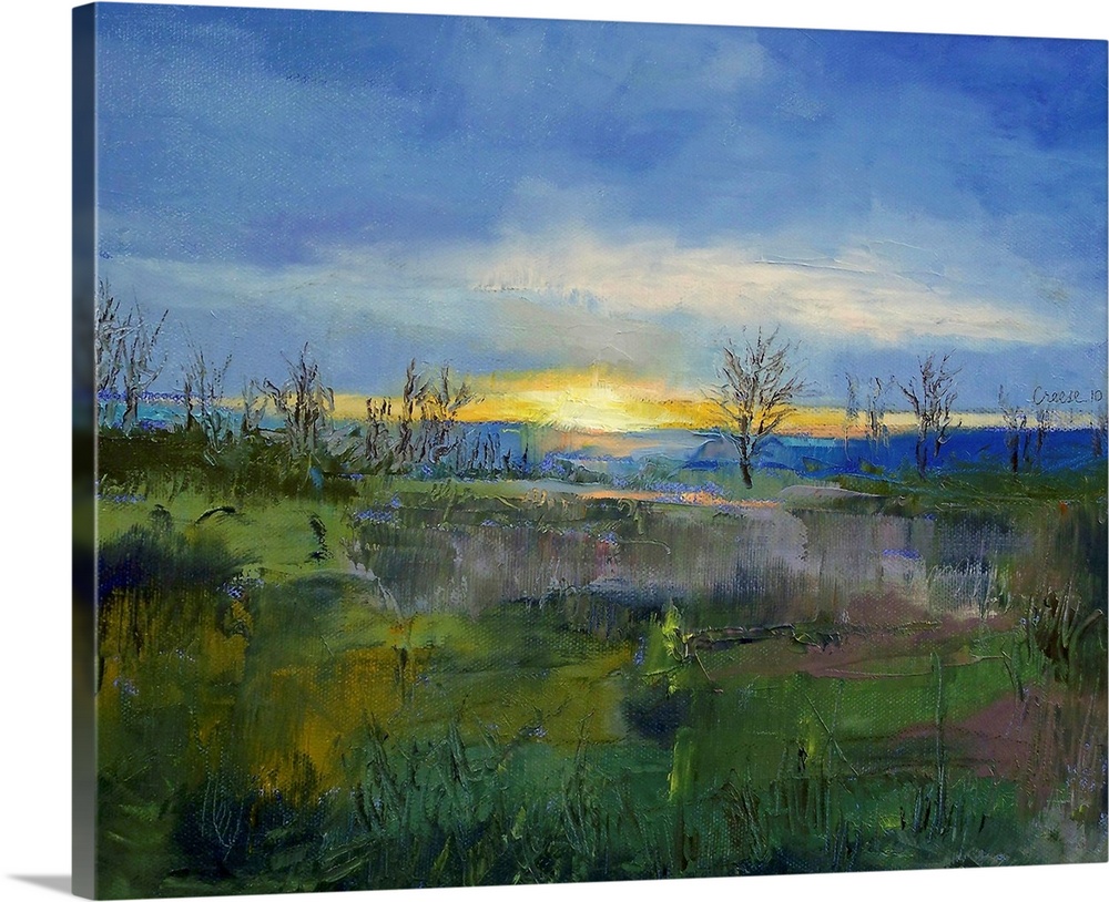 Oil Painting of the sun's last rays of light on the horizon with bare trees and a grassy field in the foreground.