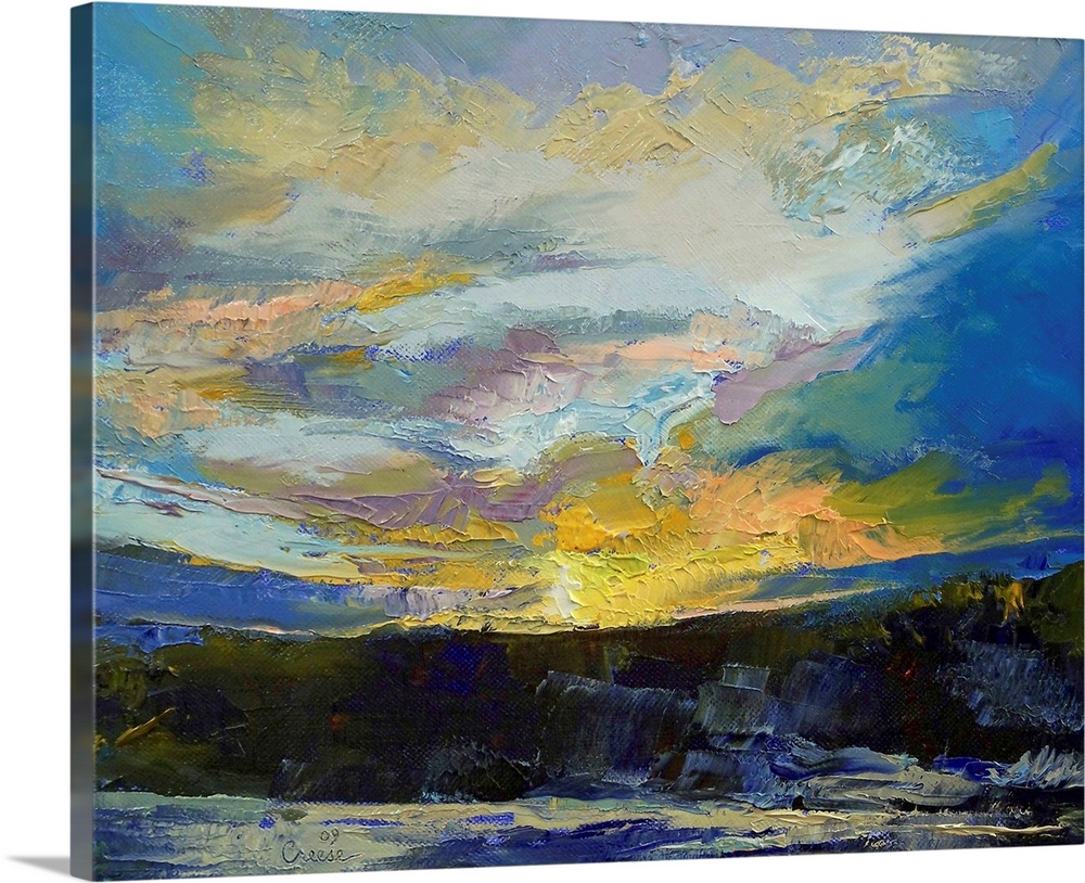 Large, landscape abstract painting of the sun setting in a vibrant sky over a winter landscape.  Painting has thick textur...