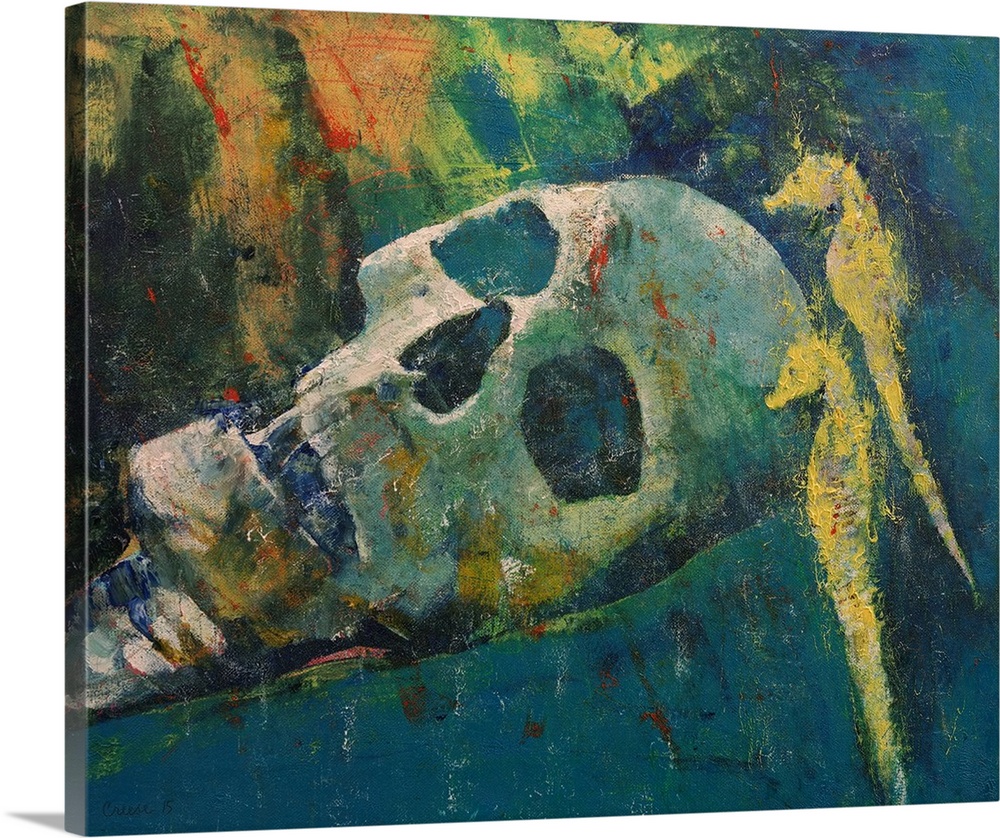 Contemporary painting of a human skull lying beside two yellow seahorses.