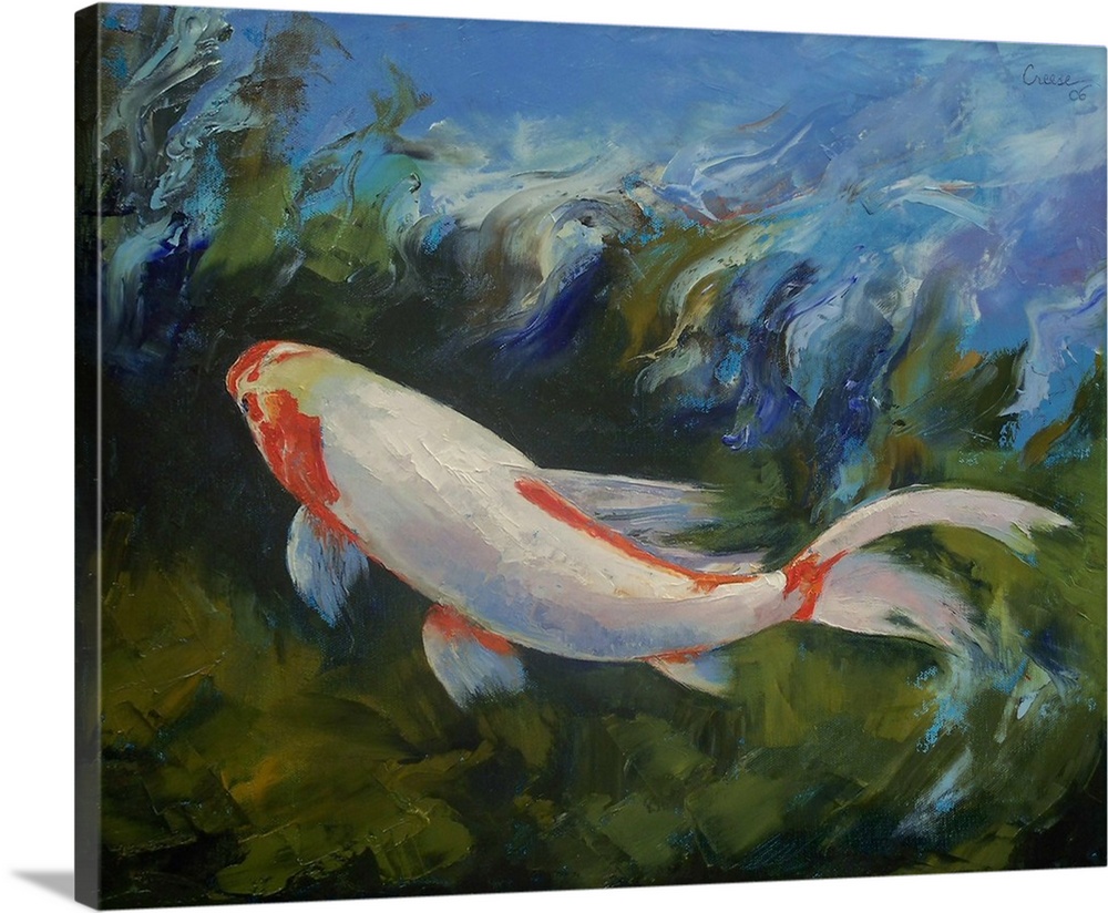 Oil painting on canvas of a koi fish swimming in water.